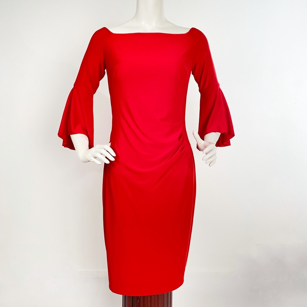 Lauren Ralph Lauren Boat Neck Bell 3/4 Sleeve Jersey Dress Sz 6 Bright Red